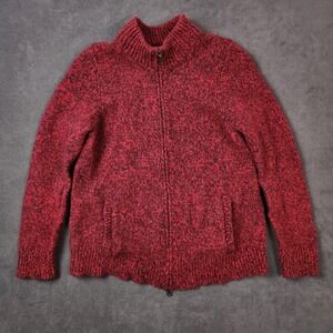 LL Bean Sweater Womens XL Red Tweed Lambs Wool Full Zip Cardigan Turtleneck Knit